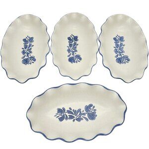 Pfaltzgraff Oval Scalloped Ceramic Bowls Set Of 4 Stone Blue Floral and Trim 9x5